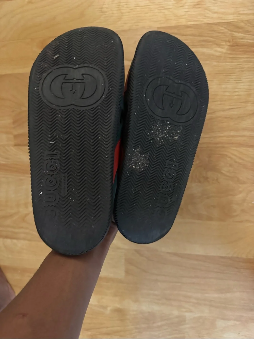 Gucci Black Slides with Red and Green Crisscross Straps